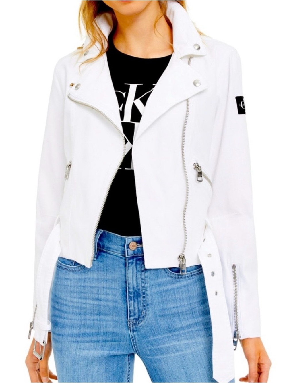 Calvin Klein Jeans White Moto Leather Jacket with Silver Hardware